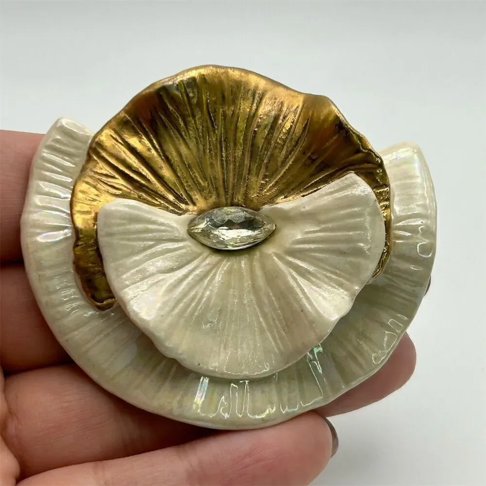 Vintage Artist Signed Original Abstract Gold Tone and White Floral Leaves Brooch